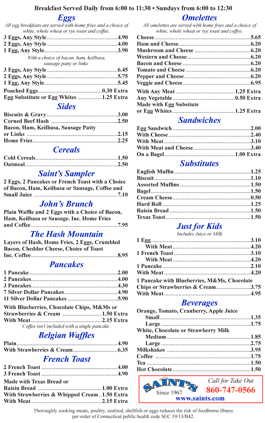 Saint's Restaurant and our delicious breakfast menu