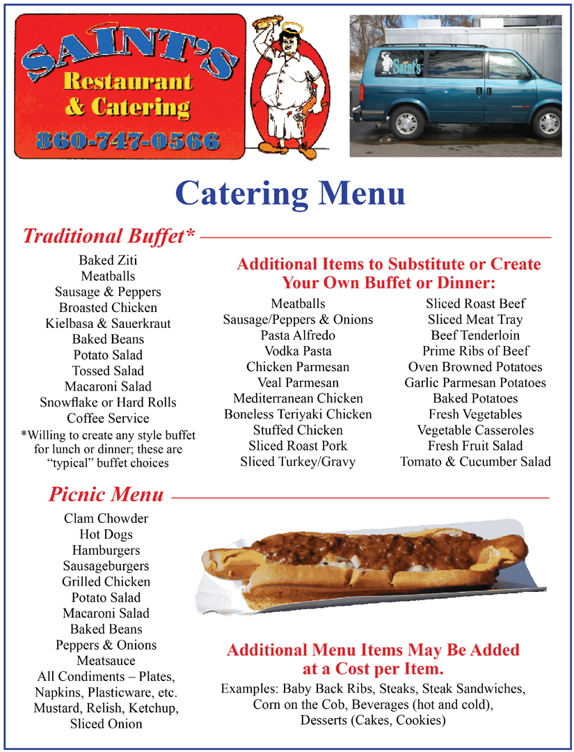 Buffet and picnic catering menu at Saints Restaurant in Southington, CT