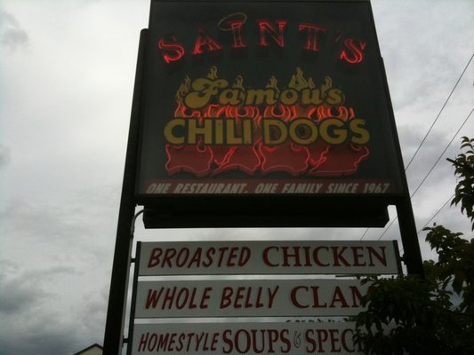 Try one of Saint's Famous Chili Dogs